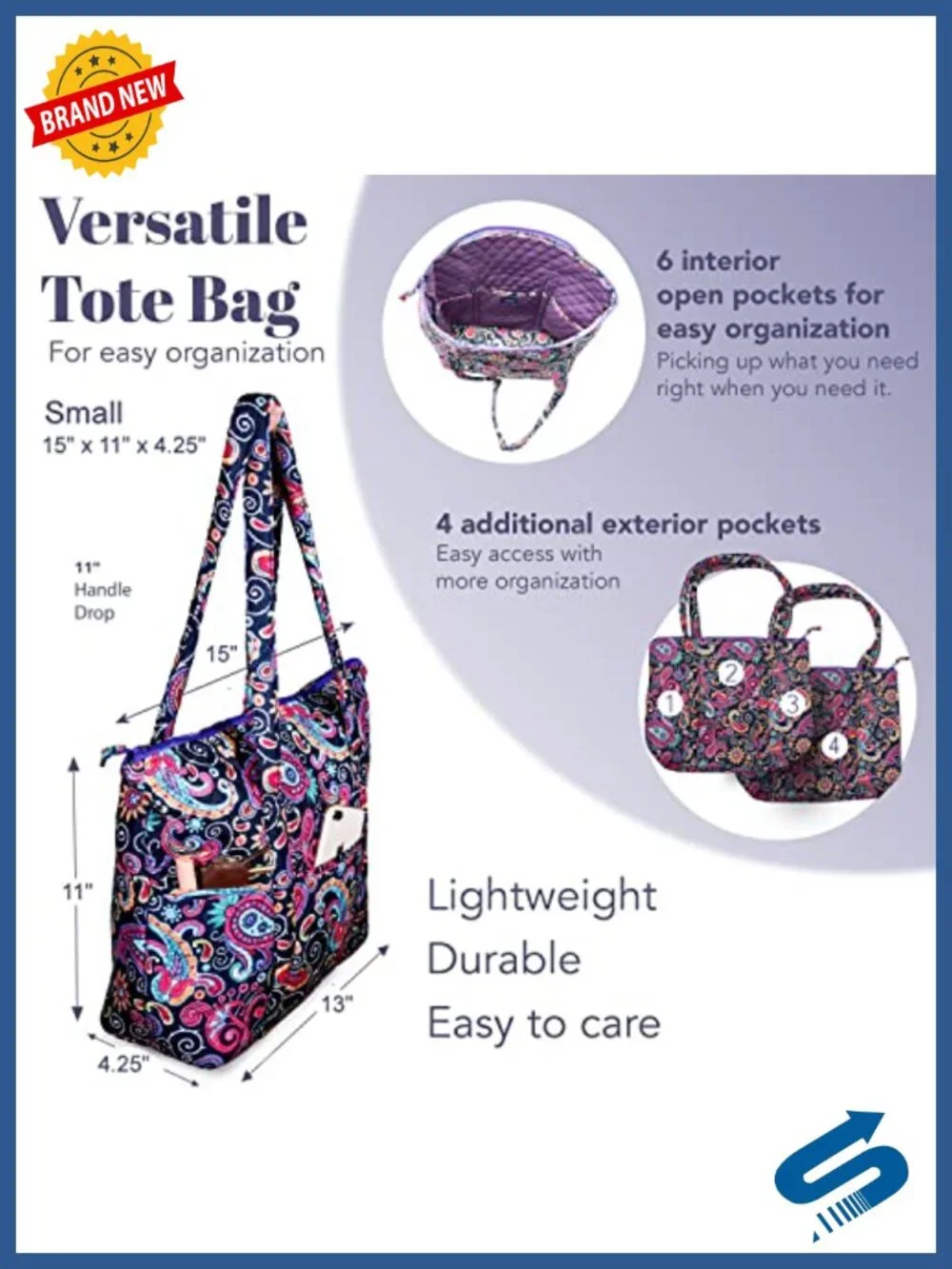Quilted Microfiber Tote Bag with 10 Pockets Lightweight Travel Shopping